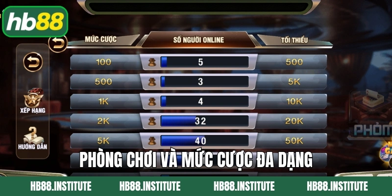 Game Bài Phỏm Hb88 - Tỷ Lệ Thắng Cao, Cơ Hội Làm Giàu Dễ Dàng 5 Phòng chơi và mức cược đa dạng, phù hợp mọi đối tượng