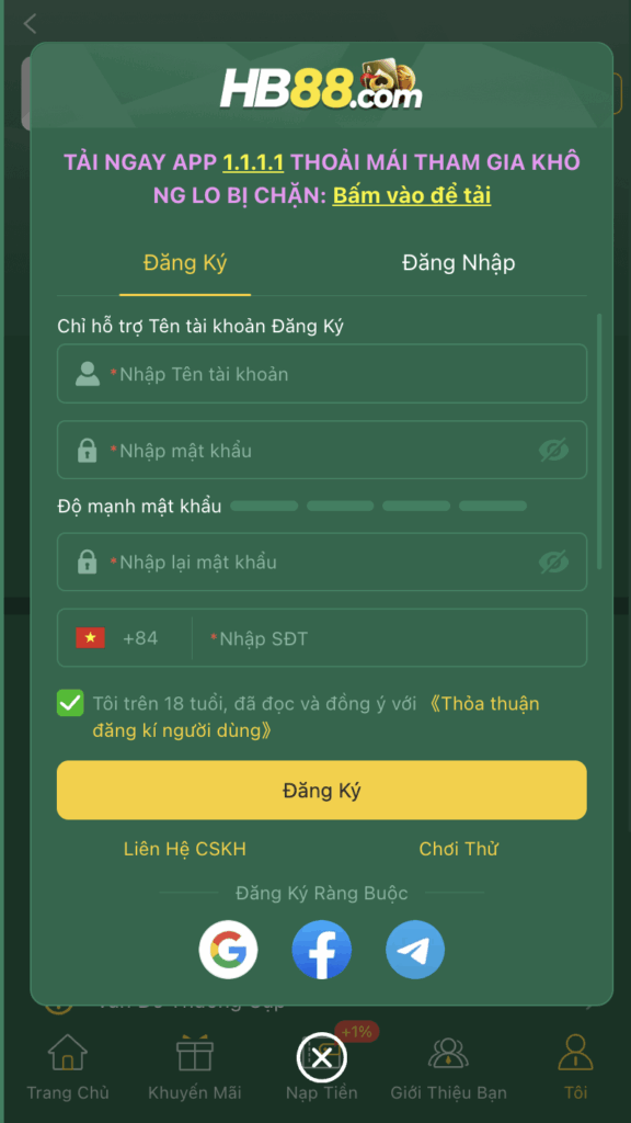HB88 – Nhà Cái Cá Cược Trực Tuyến – Đăng Ký Nhận Code 88K 4 Giao diện đăng ký HB88